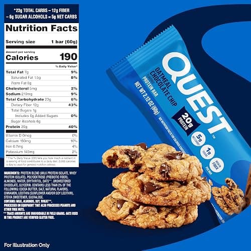 Quest Nutrition Oatmeal Chocolate Chip Protein Bars, 20g Protein, 1g Sugar, 5g Net Carb, Gluten Free, Keto Friendly, 12 Count thumbnail 3