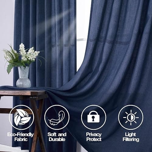 Mrs.Naturall Navy Blue Linen Curtains 213cm Length 2 Panels Set,Back Tab Bar Pocket Dark Blue Curtain Window Drapes 213cm Long for Living Room Boys Room Bedroom thumbnail 5