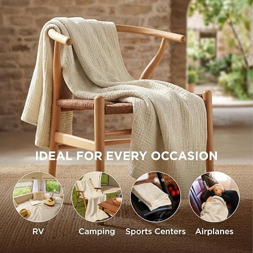 Bedsure 100% Cotton Muslin Blankets for Adults Large Throw 50x70 Inches - 4-Layer Breathable and Lightweight, Soft Boho Gauze Muslin Cotton Blanket for Couch Decor Travel Summer, Linen Beige thumbnail 6