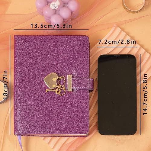 TIEFOSSI Diario con chiusura a cuore con chiave, diario in pelle PU glitterata viola B6 per scrivere, 144 fogli di carta a righe, regalo per ragazze e donne thumbnail 3