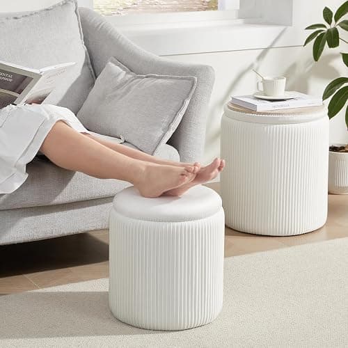 Royal Windsor Round Ottoman with Storage Set of 2,Vanity Stool with Storage for Bedroom, Ottoman Coffee Table,Small Velvet Foot Stool for Living Room, White thumbnail 8