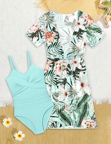 Dearnow Girls Swimsuit One Piece Control Front Cross Ruched Tie Back Bathing Suit Swimwear with Drawstring Cover Up 9-16T thumbnail 9