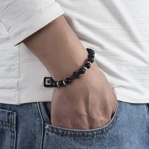 Softones 4PCS Cross Beads Bracelet for Men Women 8mm Healing Lava Stone Stretch Bracelets,7.5" thumbnail 3