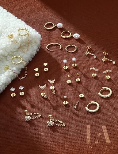 LOLIAS Hypoallergenic Flat Back Earrings Set for Women-Surgical Stainless Steel Earrings for Sensitive Ears-14K Gold Plated Cartilage Earring Stacks Flatback Stud Hoop Earring Sets for Multiple Piercing Jewelry thumbnail 7