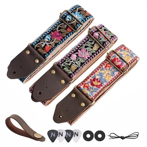 Nefelibata Guitar Strap,Jacquard Embroidery Cotton Guitar Straps with Crazy Horse Leather Ends for Bass, Electric & Acoustic, Best Gifts for Guitarists(Elegant Pink Flower Embroidery) thumbnail 6