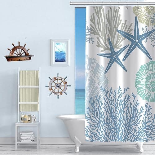 Tritard Small Stall Shower Curtain 36x72 Half Size - Nautical Coastal Waterproof Fabric Shower Curtains for Bathroom, Starfish Seashell Beach Themed RV Camper Narrow Bath Curtain with 7 Hooks, Blue thumbnail 4