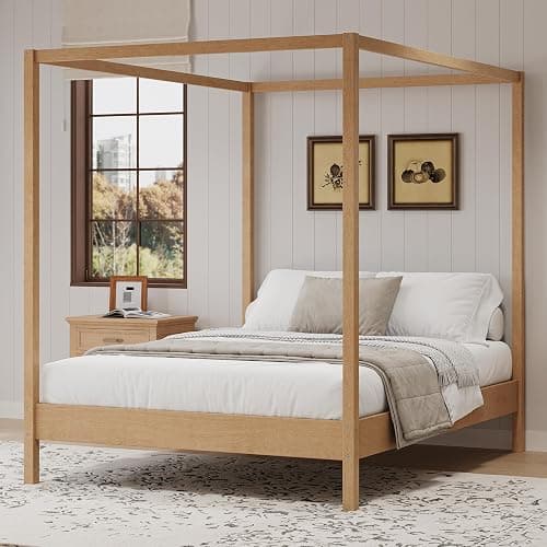 Merax Wooden Canopy Bed with Four Posters, Queen Size Canopy Bed Frame & 8.3" Storage Space Under Bed, Solid Wood Slats Support, No Box Spring Needed, Easy Assembly, Natural - Image 1