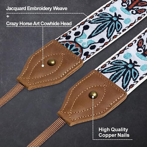 Padwa Lifestyle Camera Strap - 2" Wide Classic Vintage Crazy Horse Arts Cowhide Head Cotton Embroidered Universal Neck Shoulder & Crossbody Camera Straps for Photographers Gift and All DSLR Cameras thumbnail 2