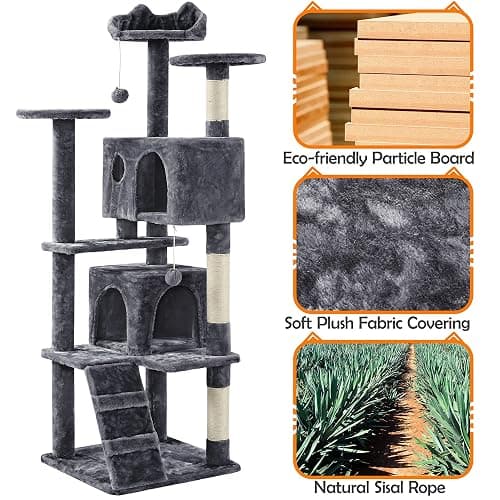 Yaheetech 62in Cat Tree Cat Tower for Indoor Kitty, Pet Furniture w/Double Condo, Scratching Posts, Multiple Platforms and Balls for Kittens, Dark Gray thumbnail 8