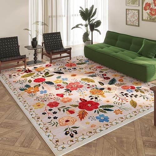 Rugcomf Area Rugs 9x12 Living Room Clearance Washable Boho Rug Non Slip Floral Vintage Low Pile Large Rug for Living Room, Bedroom, Farmhouse, Dining Room, Kids Playroom(Beige) - Image 1