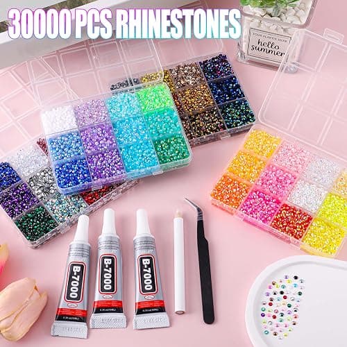 LERBOU 30000Pcs in 48 Colors Rhinestones for Bedazzling and Diamond Art, 3mm Flatback Gems with 3×10ml B7000 Jewelry Glue Tweezers, Perfect for Nail Art, Crafting, Clothing, Fabric Decor thumbnail 3