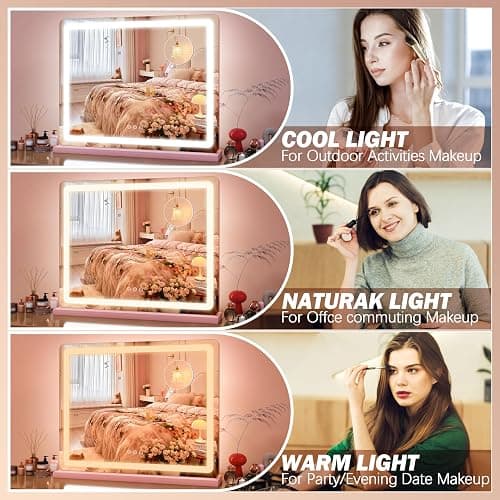 FENNIO 23" x 18" Vanity Mirror with Lights，LED Makeup Mirror，Hollywood Mirror with 3 Color Modes & Adjustable Brightness，Vanity Mirror Pink thumbnail 3