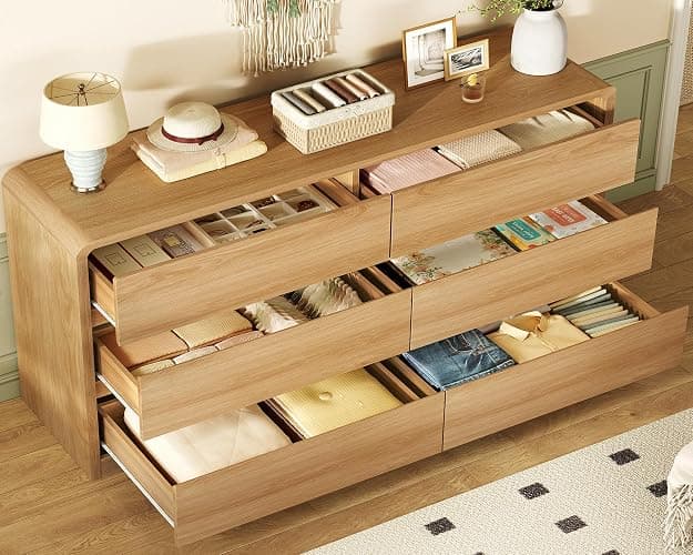 TEENFON 55" Dresser for Bedroom with 6 Drawers, Dressers & Chests of Drawers with Curved Profile Design, 6 Drawer Dresser, Bedroom Dressers, Wood Dressers for Bedroom, Hallway, Natural thumbnail 3