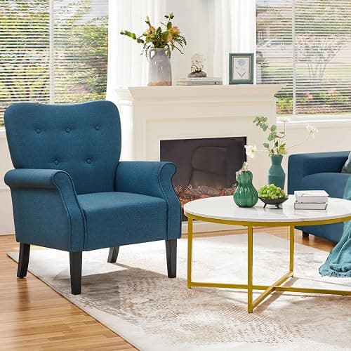Yaheetech Modern Armchair, Mid Century Accent Chair with Sturdy Wood Legs and High Back for Small Space, Upholstered Fabric Sofa Club Chair for Living Room/Bedroom/Office, Navy Blue thumbnail 6