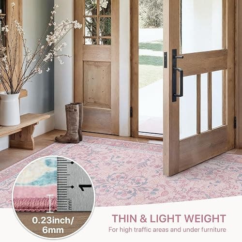 Pink Area Rug 6x9 Washable Rugs for Bedroom Girls Floral with Non Slip Backing, Low Pile Carpet for Living Room, Nursery Room, Dinning Room, Light Pink Blue thumbnail 6