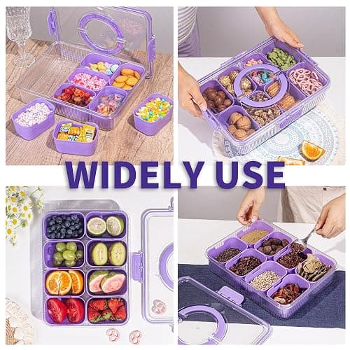 FEIOOD Patent Design Ribbed Snackle Box Container Divided Serving Tray with Lid and Handle -Charcuterie Container Portable Storage Organizer for Candy, Fruit, Beach, Picnics（1 pcs, Purple thumbnail 5