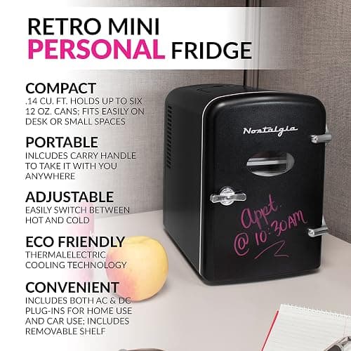 Nostalgia Retro Mini Fridge and Heater 6-Can Capacity, 12-Volt Power Adapter, Carry Handle and Display Window-Perfect for Home, Office, Car, or Dorm Room-Black thumbnail 2