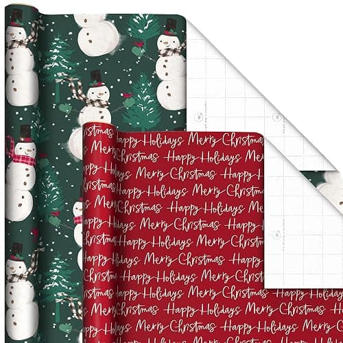 Hallmark Rustic Recyclable Christmas Wrapping Paper (6 Rolls: 180 Sq. Ft. Total) Red, White and Hunter Green Plaid, Poinsettias, Snowflakes, "Merry Christmas," Snowman, Santa thumbnail 5