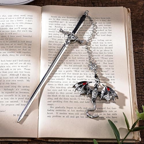 Berirexrion Fourth Wing Dragon Bookmark - Fantasy Sward Book Marks Vintage Tassel Metal Pendant Antique Silver Gray Inspirational Bookmarks Reading School Office Supplies Gift Men Boy Bookworm Reader thumbnail 2