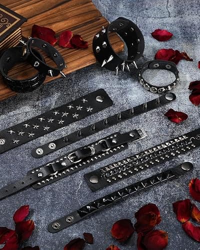 Hicarer 9 Pcs Spiked Studded Bracelet Black Leather Rivet Punk Bracelet Y2k Cuff Wrap Bangle Snap Button Wristband Men Women thumbnail 4