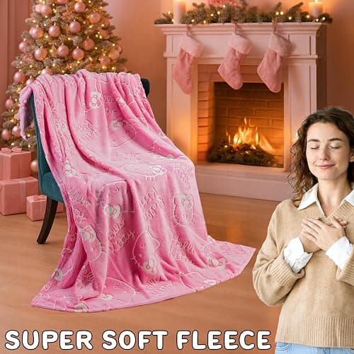 Hello Kitty Sanrio Glow in The Dark Throw Blanket 51x59” for Girls Teens Women, Soft Fleece Throw Blanket for Sofa Bed, Kawaii Gifts for Kids (Pink Hello Kitty) thumbnail 3