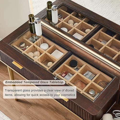 T4TREAM Fluted Makeup Vanity Desk with 36" HD Lighted Mirror, 48" Big Modern Vanity Desk with Mirror and Lights, Dressing Table with 5 Drawers & Shelves, Glass Top for Bedroom (Dark Walnut) thumbnail 5