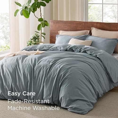 Bedsure 100% Washed Cotton Duvet Cover King Size - Dusty Blue Minimalist Cotton Duvet Cover Linen Like for All Seasons - GentleSoft™ Plain Simple Bedding (Dusty Blue, King, 104"x90") thumbnail 9