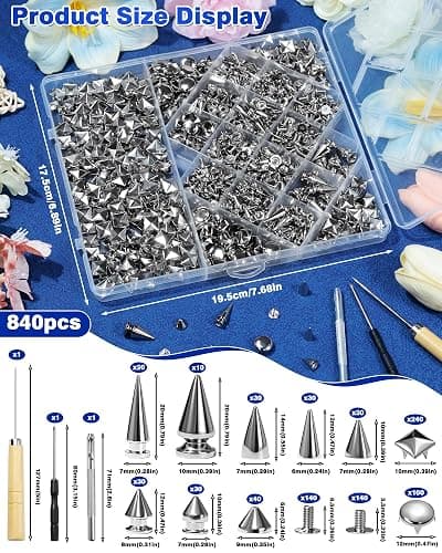 840Pcs FIVEIZERO Punk Studs and Spikes Kit for Leather Craft & Clothing | 12 Sizes Metal Spikes and Studs, Square Pyramid Studs & Round Dome Rivets, Durable & Easy to Install thumbnail 2