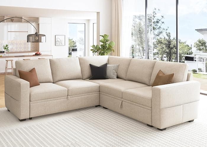 HONBAY Modular Sectional Sleeper Sofa with Pull Out Bed, L Shaped Couch with Storage Seat, Convertible Sectional Couches for Living Room, Beige thumbnail 6