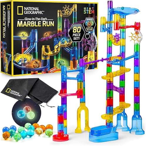 NATIONAL GEOGRAPHIC Glowing Marble Run – Construction Set with 15 Glow in The Dark Glass Marbles & Storage Bag, STEM Gifts for Boys and Girls, Building Project Toy (Amazon Exclusive) - Glowing Small - Image 1