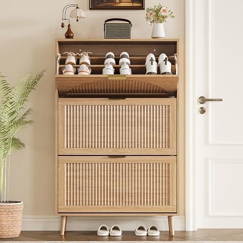 BORNOON Shoe Cabinet for Entryway with 3 Flip Drawers, Slim Wooden Shoe Storage Organizer with Modern Fluted Pannel，Freestanding Narrow Hidden Shoe Rack for Hallway, Foyer, Living Room thumbnail 7