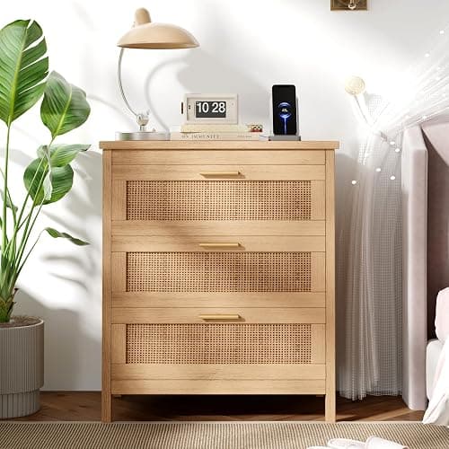 Keehusux Rattan Nightstand with Charging Station, 23.6" Wide Bedside Table with 3 Drawers, Boho Night Stand with Metal Handles, Accent End Table for Bedroom, Guest Room, Natural - Image 1