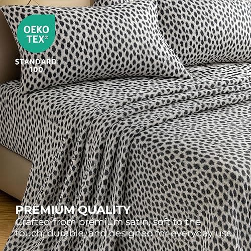 Satin Sheets Queen [4-Piece, Silver Leopard] Hotel Luxury Silky Bed Sheets - Extra Soft 1800 Microfiber Sheet Set, Wrinkle, Fade, Stain Resistant - Deep Pocket Fitted Sheet, Flat Sheet, Pillow Cases | Extra Soft, Hotel Luxury, Silky Bed Sheets, Deep Pocket, Wrinkle, Fade, Fitted Sheet, Flat Sheet, Pillow Cases thumbnail 5