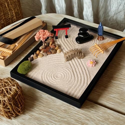 Island Falls Home Zen Garden Kit 11x8 Beautiful Premium Japanese Mini Sand Garden Meditation Gift Set for Home & Office Desk Accessories. Zen Sand, 6 Tools, 15 Features. Mindfulness Gifts Decor Women thumbnail 2