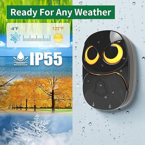 Wireless Doorbell, Cute Owl Doorbell Weatherproof IP55 Outdoor Remote Push Button- 1000 Feet Long Wireless Range, 1 Receiver + 1 Transmitter, Black thumbnail 3