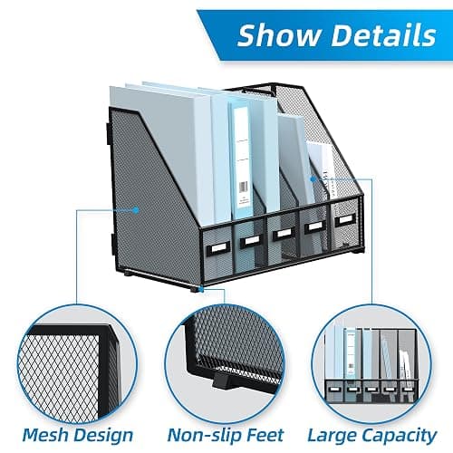 SUPEASY Desk Organizers Metal Desk Magazine File Holder with 5 Vertical Compartments Rack File Organizer for Office Desktop, Home Workspace, Black thumbnail 4