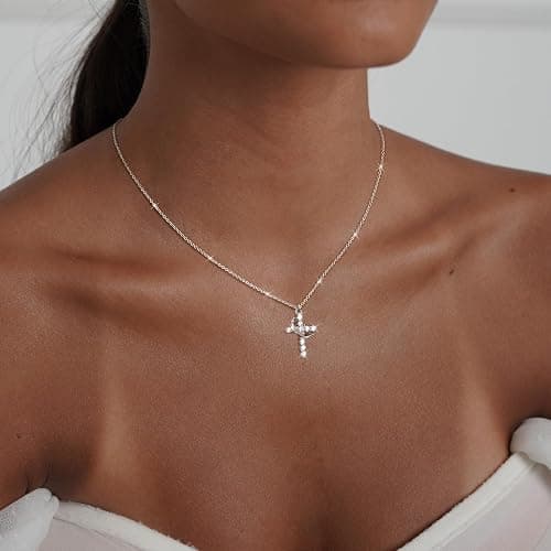 NECOCY Christmas Gift Crown Cross Necklaces for Women Non Tarnish Dainty 14K Gold/Silver/Rosegold Plated CZ Pendant Necklace for Women Trendy Simple Cross Charm Jewelry for Women thumbnail 3
