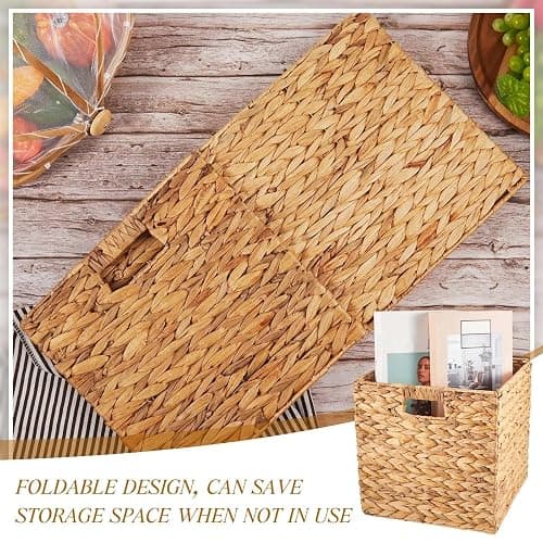 Jinei 12 Pcs Water Hyacinth Storage Baskets 10"x10"x10" Wood Color | Handwoven Wicker Bins with Handles, Wicker Cube Baskets Bulk for Shelves Organizer Laundry, Closet Bedroom thumbnail 4