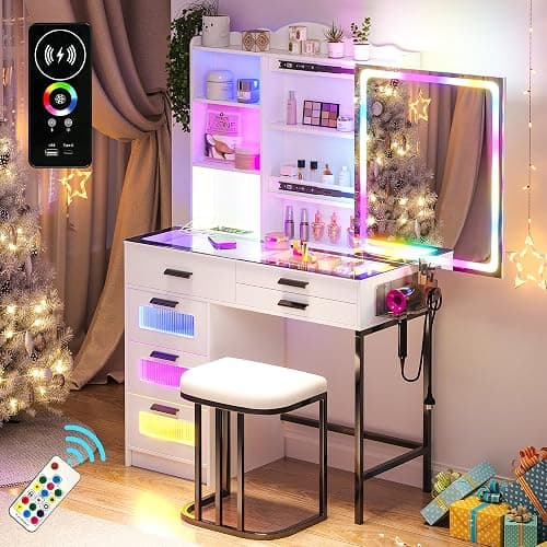 WOOVIVS Glass Top Vanity with LED Mirror, 6 Drawer Dresser with Charging Station for Bedroom, Small Makeup Vanitys Table with RGB Light, Vanity Set with Chair,Jewelry Organizer for Girls-White thumbnail 3