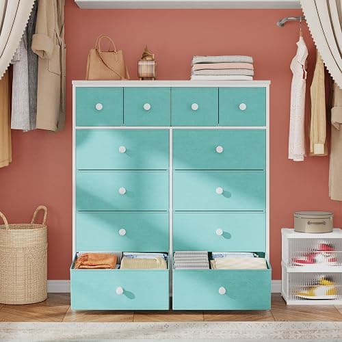 Romorgniz Dresser for Bedroom Tall Dresser with 12 Drawers Fabric Dressers & Chests of Drawers, Bedroom Dresser with Metal Frame, Wood Top, Entryway Living Room, Turquoise 11.81"D x 38.97"W x 40.15"H thumbnail 5