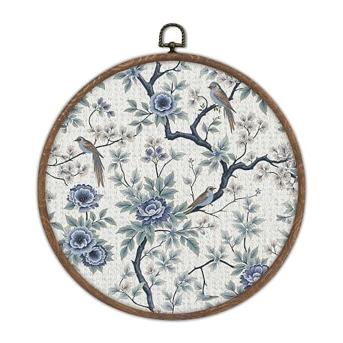Blue and White Spring Flower Bird Round Framed Wall Art, Embroidered Chinoiserie Floral Decor, Small Gallery Wall Accent for Grandmillennial Style, Blue Wall Hanging for Bedroom Living Room-A09 - Image 1