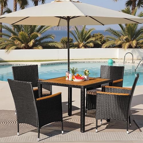 Greesum 5 Pieces Outdoor Patio Dining Set, Conversation Sets with 1 Table and 4 Rattan Chairs with Curved Acacia Wooden Armrests and Cushions, Black thumbnail 3