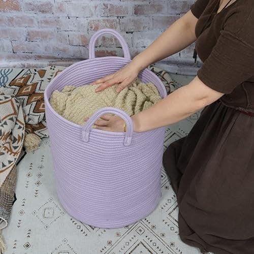 XUANGUO Rope Laundry Basket Hamper for Clothes Woven Storage Basket for Living Room Bedroom Boho Tall Rope Baskets for Blanket Toys Pillow Towels Baby Nursery Hamper Bin Large purple or lavender thumbnail 2