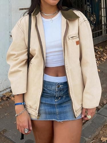 EMMIOL Barn Jean Jacket for Women Zipper Fall 2025 Clean Fit Long Sleeve Denim Jackets thumbnail 2