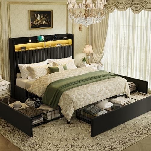 SHA CERLIN Queen Upholstered Platform Bed Frame with 3 Spacious Storage Drawers, Built-in LED Lights & Charging Station, Vertical Tufted Headboard with Shelf, No Box Spring Needed, Velvet Black - Image 1