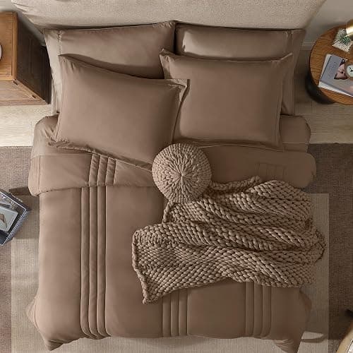 Monbix Queen Comforter Set - 7 Pieces Raw Umber Bed in a Bag Queen Bedding Sets with Comforters, All Seasons Comforter Bed Set with Sheets, Pillowcases & Shams thumbnail 5