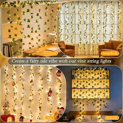 Soagrc Vine Curtain Lights, 200 LED Ivy Vines with Fairy Lights for Bedroom | 6.6ft x 6.6ft, Artificial Ivy Leaves, USB Powered, Remote, 8 Modes, Timer & Memory, for Wall Wedding Dorm Party Indoor Decor thumbnail 6
