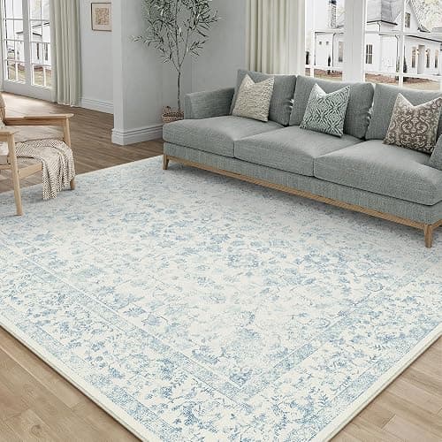 PureCozy 5x7 Blue Area Rug Non Slip Vintage Living Room Distressed Machine Washable Carpet Traditional Indoor Bedroom Blue Retro Floral Accent Throw Rug for Office Kitchen Dorm Dining Room - Image 1
