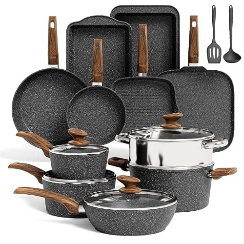 Kitchen Academy Induction Cookware Set-17 Piece Non-stick Cooking Pan Set, Black Granite Pots and Pans Set - Image 1