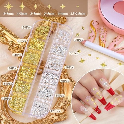 660Pcs 3D Star Nail Charms, Gold & Silver Multi-Shapes Metallic Nail Art Gems,Bedazzling Small Nail Beads Craft Jewels Y2K Cross Nail Rhinestones Accessories Decor with Tweezers and Pick-up Pencil thumbnail 2